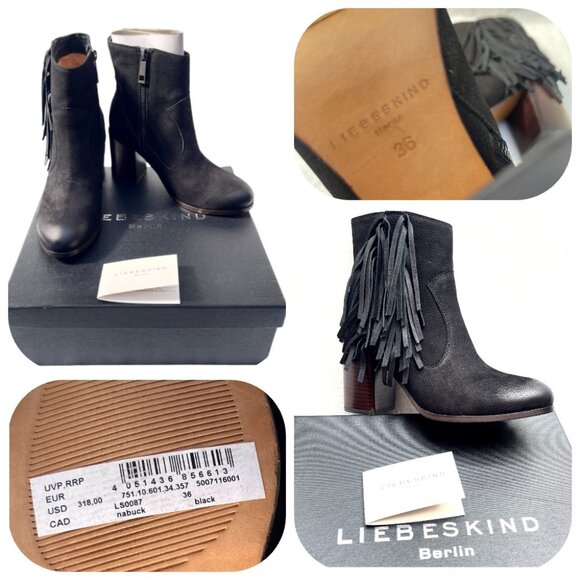 NIB Anthropologie Liebeskind Berlin Suede Fringe Nubuck Black Chunky Ankle Boot - Picture 1 of 10